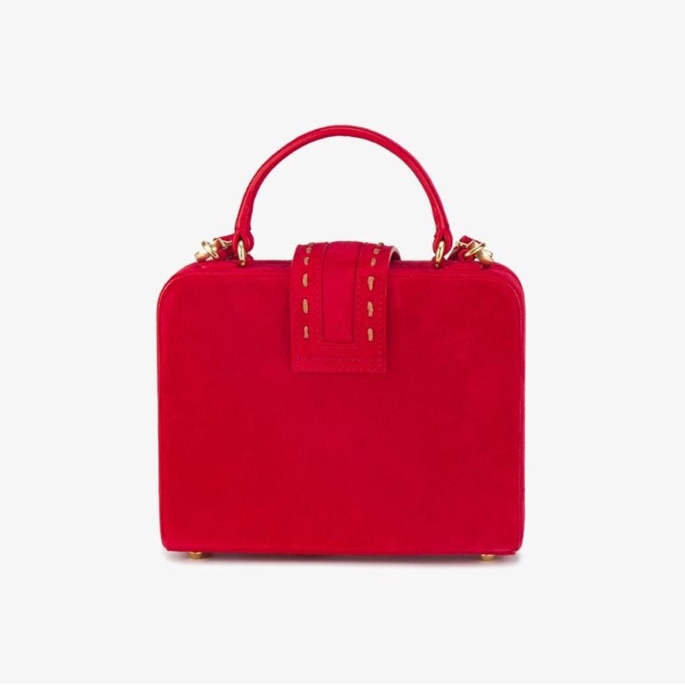 MEHRY MU Red Suede Fey Box Bag Classic Stitched Top Handle Crossbody Bag - Picture 13 of 15
